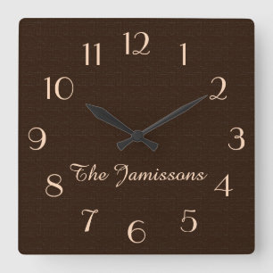 Rustic Dark Brown Faux Burlap Name Round or Square Square Wall Clock
