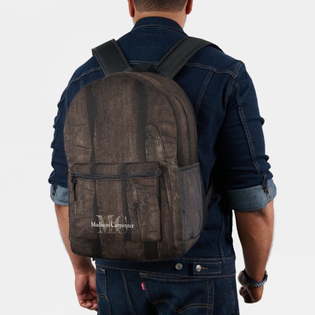 Rustic dark brown grey old wood Carpenter Monogram Printed Backpack (Insitu (Model))