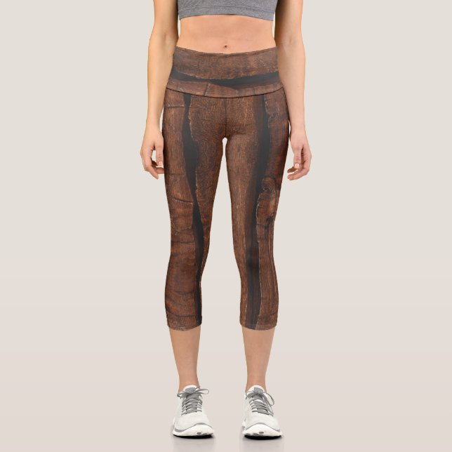 Rustic dark brown old wood capri leggings (Front)