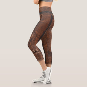 Rustic dark brown old wood Monogram Capri Leggings
