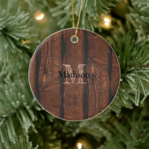 Rustic dark brown old wood Monogram Ceramic Ornament