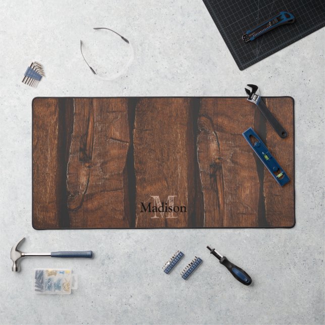 Rustic dark brown old wood Monogram Desk Mat (Workstation)