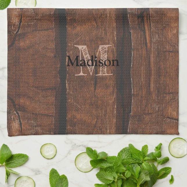 Rustic dark brown old wood Monogram Kitchen Towel (Folded)