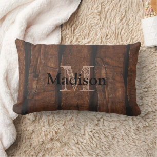 Rustic dark brown old wood Monogram Lumbar Pillow