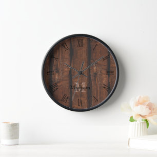 Rustic dark brown old wood Monogram roman numbers  Clock