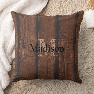 Rustic dark brown old wood Monogram Throw Pillow