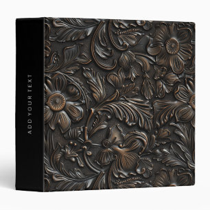 Rustic dark brown tooled leather  binder