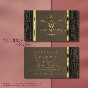 Rustic Dark Brown Tree Bark Gold Border Monogram Business Card