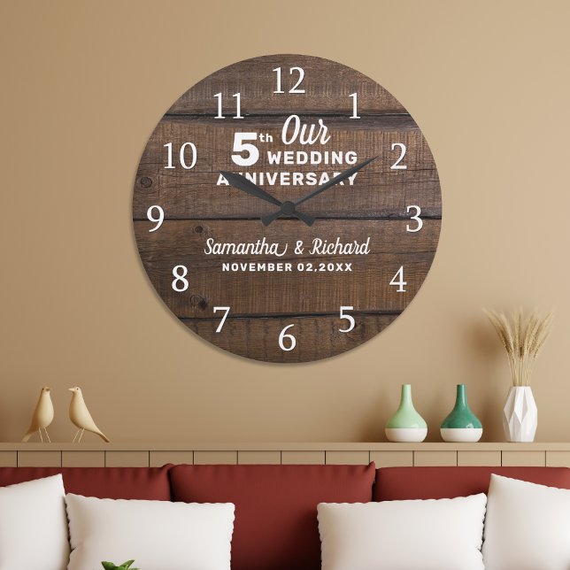 Rustic Dark Brown Wood 5th Wedding Anniversary   Large Clock (Rustic Dark Brown Wood 5th Wedding Anniversary Large Clock)