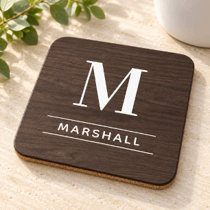 Rustic Dark Brown Wood Custom Monogram Initial Coaster
