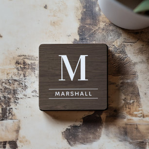 Rustic Dark Brown Wood Custom Monogram Initial Coaster