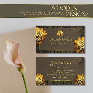  Rustic Dark Brown Wood Grain Tree Bark with Roses Business Card