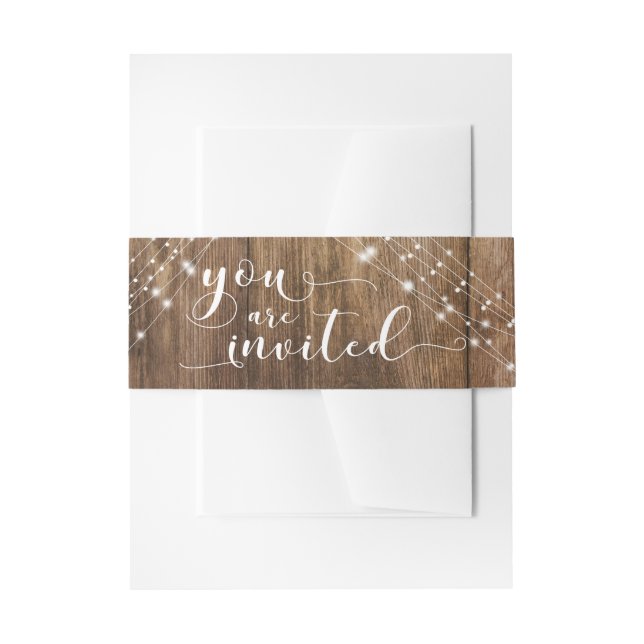 Rustic Dark Brown Wood & Lights "You are Invited" Invitation Belly Band (Front Example)