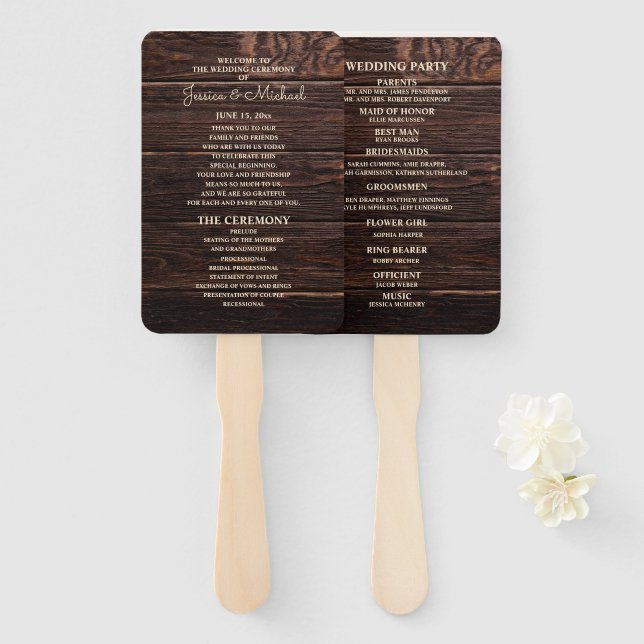 Rustic Dark Brown Wood Wedding Program Hand Fan (Front and Back)