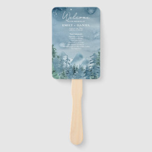 Rustic Dark Dusk Blue Mountains 🏔️Wedding Program Hand Fan