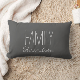 Rustic dark gray Family script monogram name  Lumbar Pillow