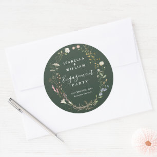Rustic Dark Green Boho Wildflower Engagement Party Classic Round Sticker