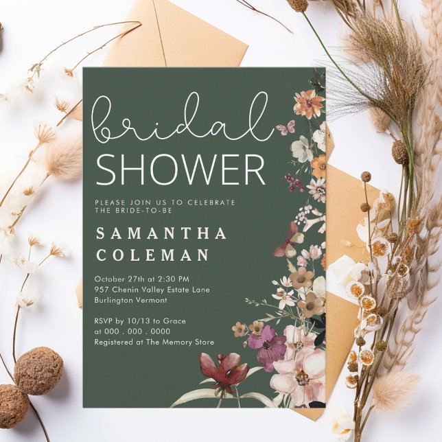 Rustic Dark Green Boho Wildfolwer Bridal Shower Invitation (Creator Uploaded)
