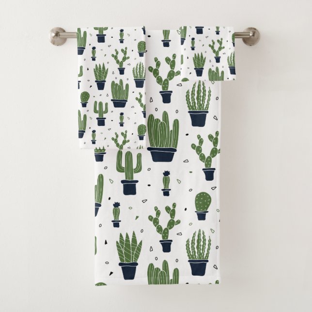 Rustic Dark Green Cactus Desert Pattern Bath Towel Set (Insitu)