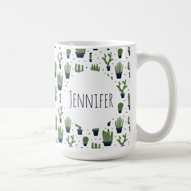 Rustic Dark Green Cactus Desert Pattern Coffee Mug (Right)