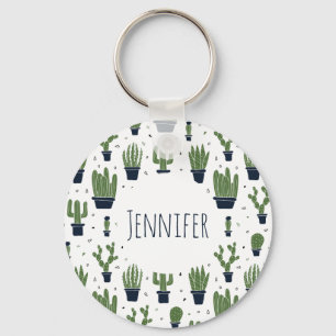 Rustic Dark Green Cactus Desert Pattern Keychain