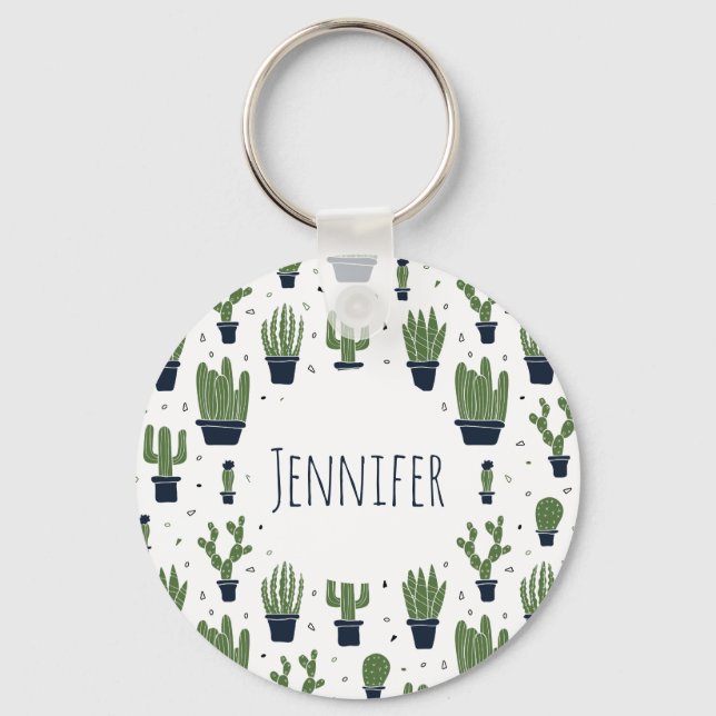 Rustic Dark Green Cactus Desert Pattern Keychain (Front)