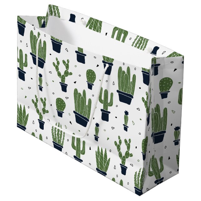 Rustic Dark Green Cactus Desert Pattern Large Gift Bag (Front Angled)