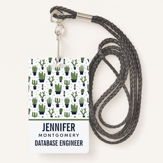 Rustic Dark Green Cactus Desert Pattern Profession Badge (Front with Lanyard)
