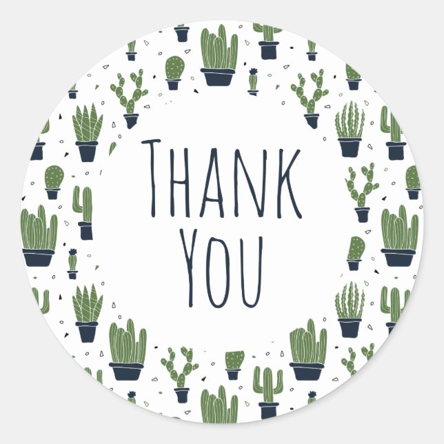 Rustic Dark Green Cactus Desert Pattern Thank You Classic Round Sticker (Front)