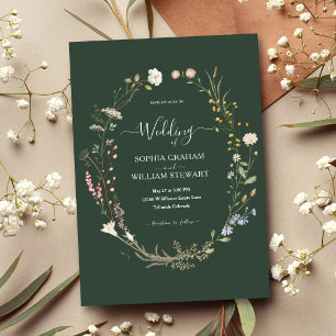 Rustic Dark Green Wildflower Theme Wedding Invitation