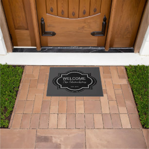 Rustic dark grey black welcome family name doormat