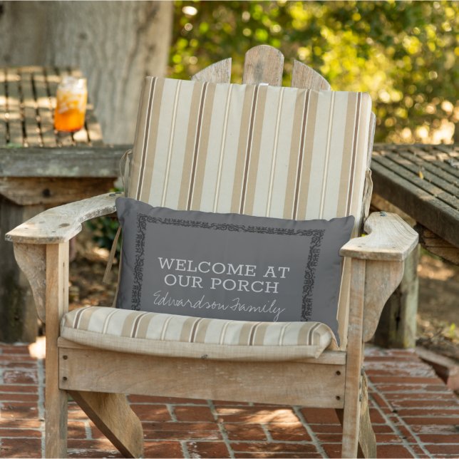 Rustic dark grey welcome porch family name lumbar pillow (Chair)
