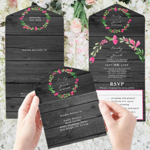 Rustic Dark Grey Wood Pink Floral Country Wed RSVP All In One Invitation