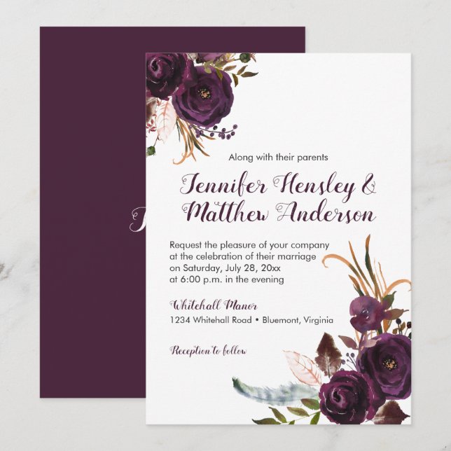 Rustic Dark Purple Floral Boho Fall Wedding Invitation (Front/Back)