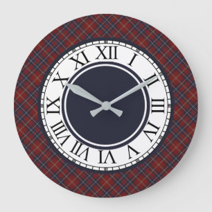 Rustic Dark Red and Navy Blue Plaid Large Clock