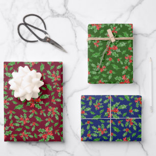 Rustic Dark Red Blue Green Christmas Holly Pattern Wrapping Paper Sheet