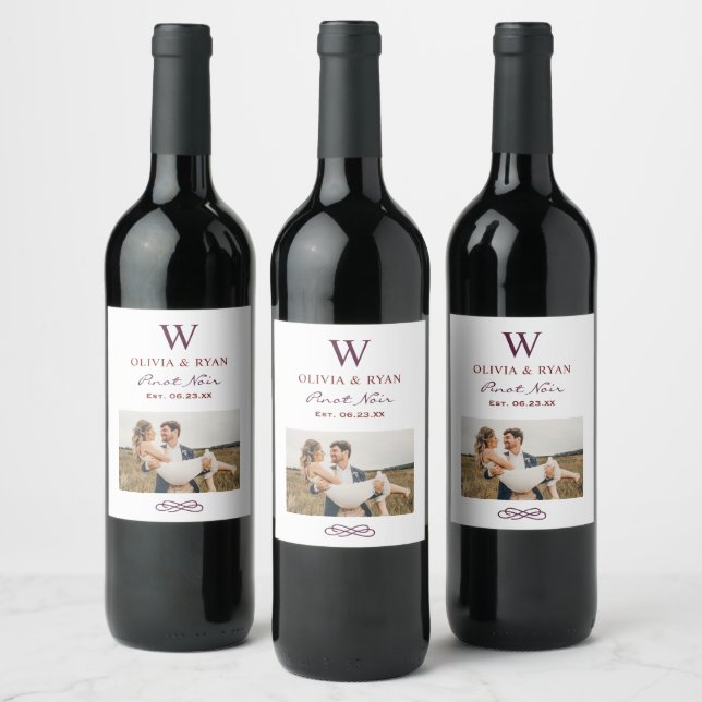 Rustic Dark Red Wedding Monogram Photo Wine Label (Bottles)