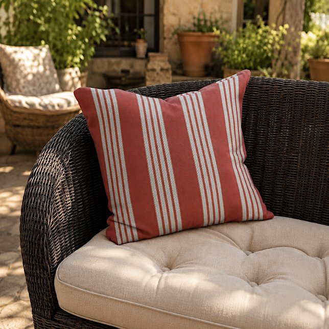 Rustic Dark Red White Grey Striped Pattern Outdoor Pillow (Creator Uploaded)