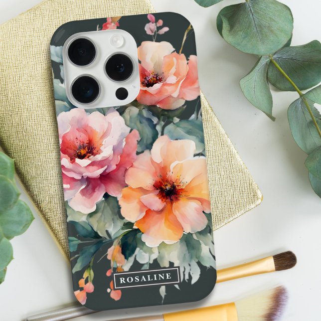 Rustic Dark Sage Green Pink Floral Monogram  Case-Mate iPhone Case (Rustic Dark Sage Green Pink Floral Monogram Case-Mate iPhone Case)