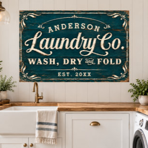 Rustic Dark Teal Wood Vintage Laundry Room Sign