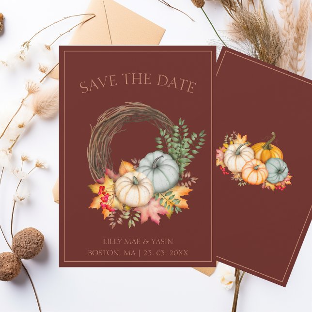Rustic Dark Terracotta Autumn Fall Pumpkin Wedding Save The Date (Creator Uploaded)
