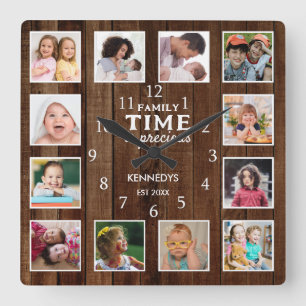 Rustic Dark Wood 12 Photo Collage Family Time   Square Wall Clock