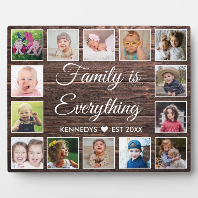 Rustic Dark Wood 14 Photo Collage Family Quote   Plaque (Front)