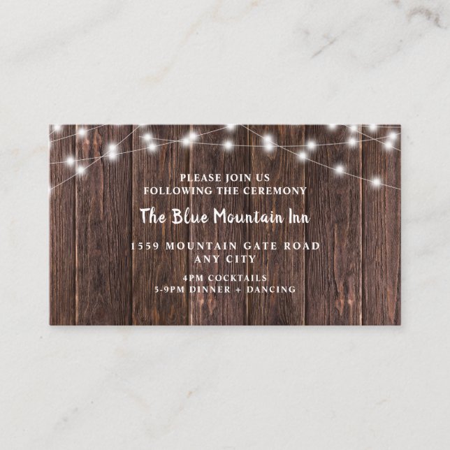 Rustic Dark Wood and lights wedding reception Enclosure Card (Front)