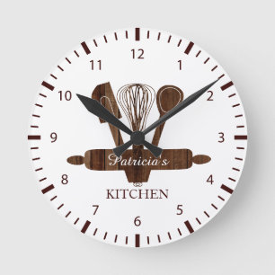 Rustic Dark Wood And White Personalized Kitchen   Round Clock
