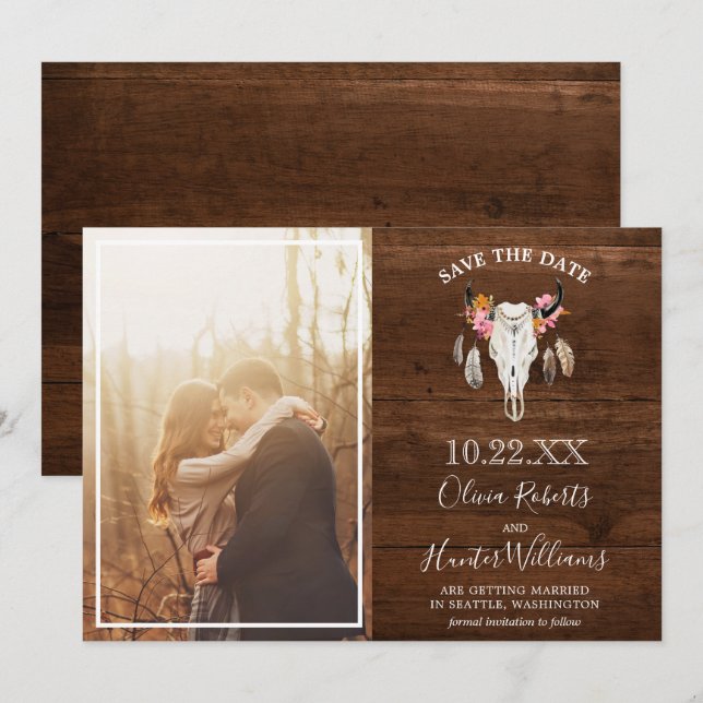 Rustic Dark Wood Antler Photo Save the Date Invitation (Front/Back)