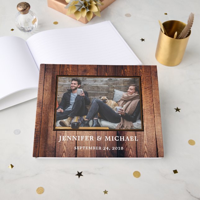 Rustic dark wood Bride and Groom photo wedding Guest Book (Front Open)
