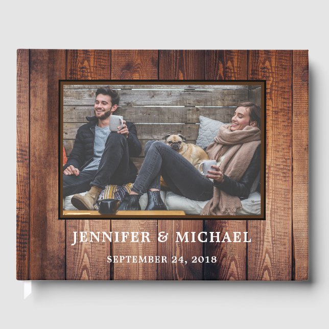 Rustic dark wood Bride and Groom photo wedding Guest Book (Front)