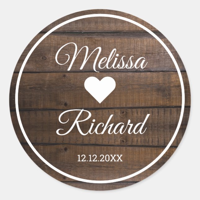 Rustic Dark Wood Country Wedding Favour   Classic Round Sticker (Front)