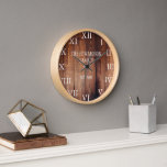 Rustic dark wood family name farmhouse clock<br><div class="desc">Rustic,  dark barn wood wall clock with large Roman numbers.
You can personalize and add your own name and year established.</div>